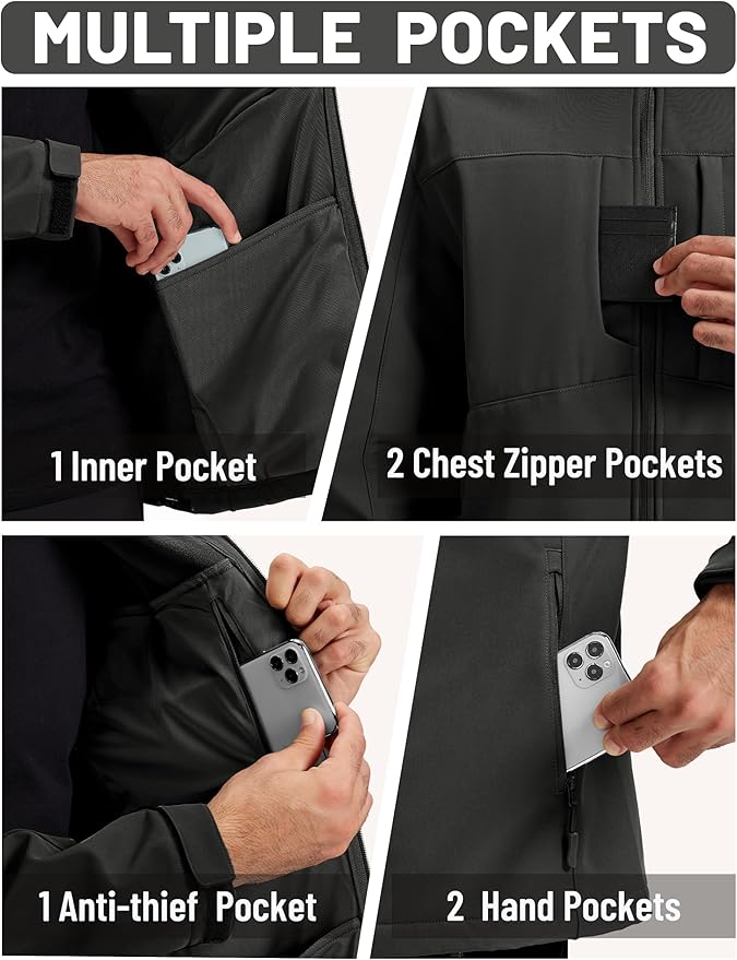 TACVASEN Men's Softshell Jacket with Hood Waterproof Tactical Fleece Coat Winter Windbreaker Lightweight Rain Jackets