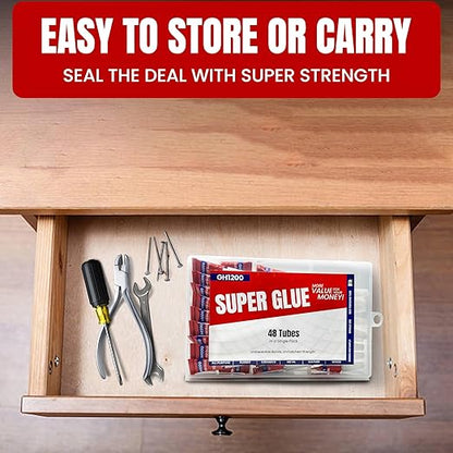 GH1200-1 Gram (Pack of 48) Single-Use Super Glue All Purpose, Super Fast, Thick & Strong Adhesive Superglue, Cyanoacrylate Glue for Hard Plastics, DIY Craft, Ceramics, Frame, Leather, Metal Etc