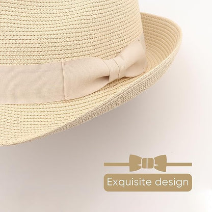 DRESHOW Women Straw Sun Hat Short Brim Panama Travel Fedora Beach Cap Roll up Summer Hat for Women Men UPF 50+