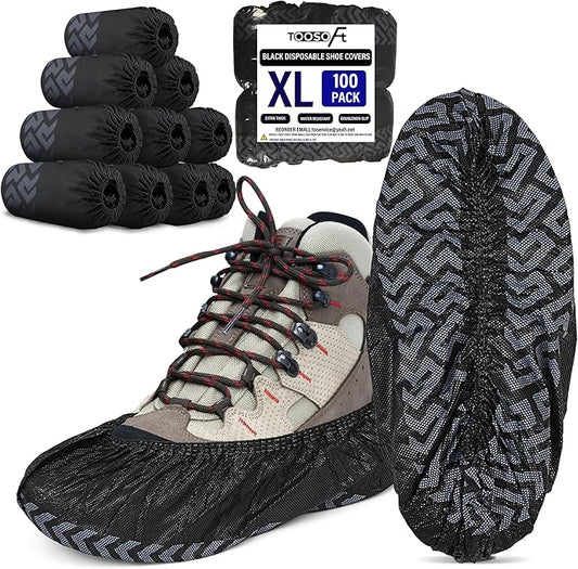 TOOSOFt Black Shoe Covers Disposable Non Slip 100 Pack (50 Pairs): Extra Large Non-Woven Fabric Booties for Shoes Covers for Indoors Reusable,Breathable, Waterproof - Fits Up to Size 14 US Men