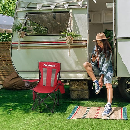 Nazhura 2 Pack Outdoor Camping Chairs Folding/Foldable/Portable with Cooler Pouch, Mesh Backrest and Cup Holder Pocket(Red, 2 Pack)