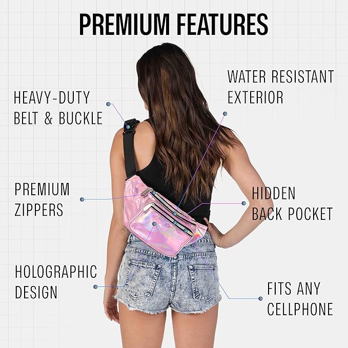 Holographic Fanny Pack Belt bag - Crossbody Waist Bag for Men or Women - Hands-Free, Waterproof Large Bumbag for Hiking, Running, and Travel (Pale Pink)