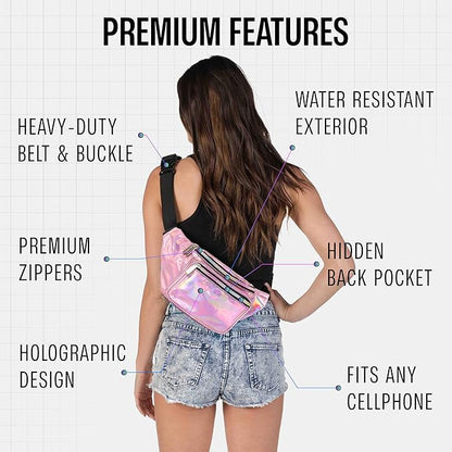 Holographic Fanny Pack Belt bag - Crossbody Waist Bag for Men or Women - Hands-Free, Waterproof Large Bumbag for Hiking, Running, and Travel (Pale Pink)
