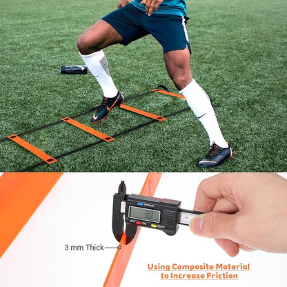 Pro Agility Ladder Soccer Kick Trainer Set 20ft 12 Rung 10 Cones and 4 Stakes Speed Agility Football Training Equipment with Carrying Bag ﻿