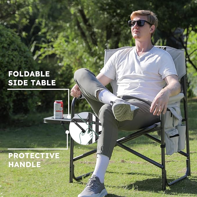 Oversized Directors Camping Chair Support 600 LBS, Heavy Duty Folding Outdoor Chairs with Detachable Side Pocket and Adjustable Side Table for Outside Beach,Lawn,Fishing (Black)