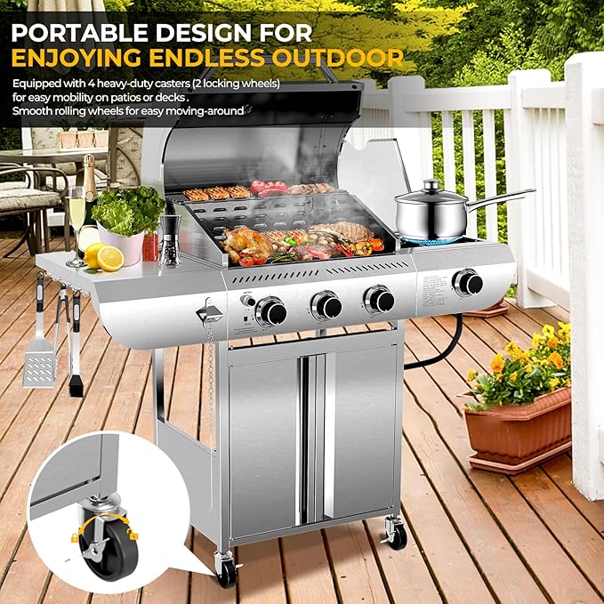 G31 pro Gas Grill 34,000 BTU 3-Burner Propane Grill with Side Burner, Stainless Steel BBQ Grill, Cast Iron Grates & Portable Cart with Wheels，Outdoor Barbecue Grill for Backyard, Patio, Camping
