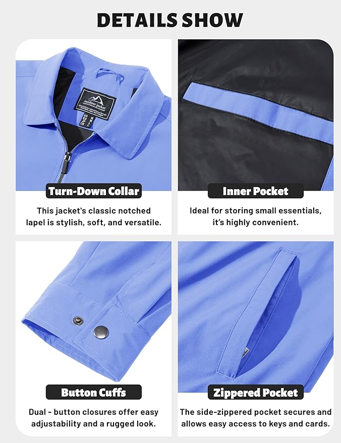 TACVASEN Mens Lightweight Windbreaker Full Zip Up Laydown Collar Jackets Light Casual Coat with Zip Pockets