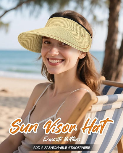 Sun Visor Hat for Women,Wide Brim Beach Hat UV Protection, Packable Straw Sun Visor Hat for Vacation,Summer