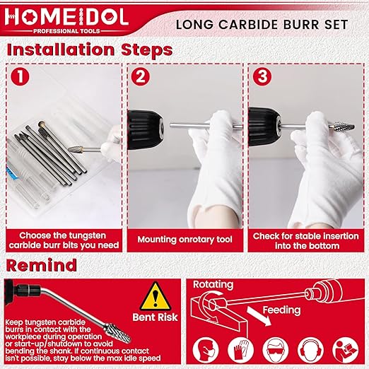 10Pcs Long Carbide Burr Set 1/4" Shank Die Grinder Bits, HOMEIDOL 4"(100mm) Long Rotary Files Tungsten Carbide Rotary Burr Set, Carbide Drill Bits for Metal Stone Wood Carving Engraving Deburring