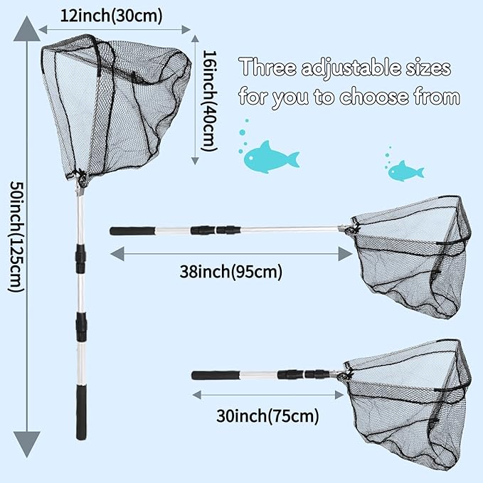 Folding Kayak Fishing Net with Aluminum Alloy Frame Rubber-Coated Nylon Net for Small Fishing Net Fishing Landing Net for Non-Slip Gloves Storage Bag