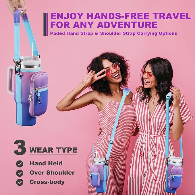 Water Bottle Carrier Bag with Phone Pocket for Stanley 40 & 30 oz Tumbler with Handle,Pink Insulated Neoprene Cup Holder Pouch w/Adjustable Strap for Quencher H2.0 Stanley Cup Accessories