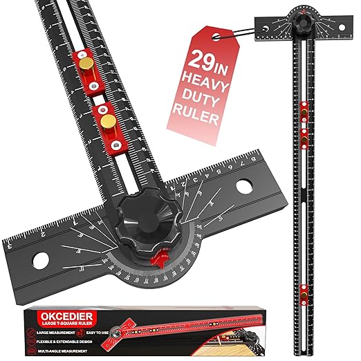 29 Inch Woodworking T Square Ruler, Aluminum Alloy, Adjustable Angle 15-165° Measurement Tool, Precision Drilling Positioning Guide for Carpentry, Drafting, Contractor, Scribe Crafting, Drywall