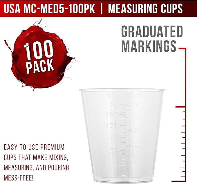 Pouring Masters 5 Oz (150 ml) Liquid Measuring Cups - Plastic Graduated Cup (100 Pack) with 25 Sticks - Reusable Mixing Cups for Paint, Craft, Kitchen, Lab, Medical Supplies, Epoxy Resin, Art