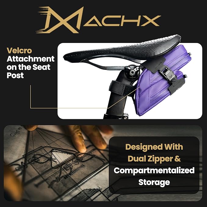 Lumiere & Co. Magnetic Quick-Release Bike Saddle Bag – Double Compartment, Low-Profile Brick Design, Designed with Fidlock's Magnetic Black V Buckle Attachment System, Mach X (Purple)