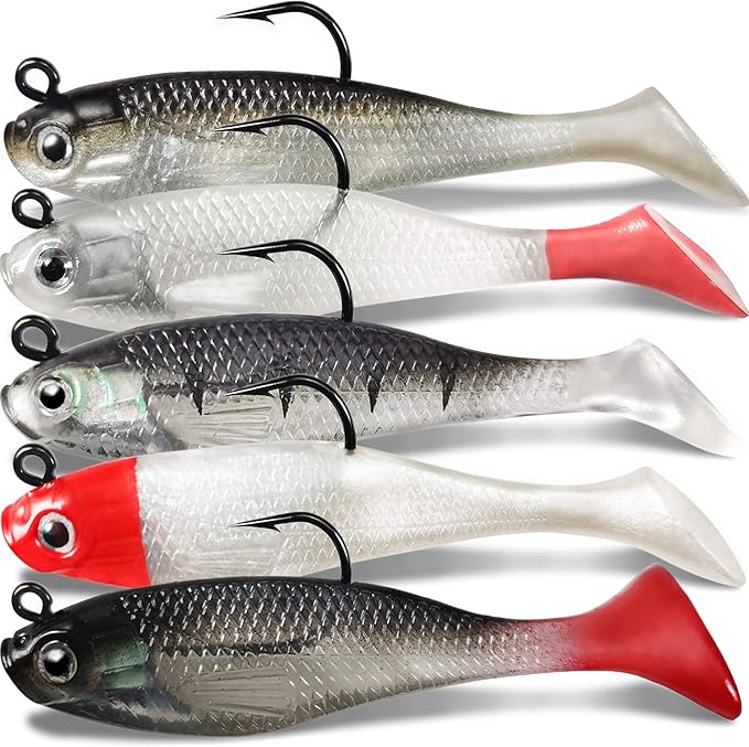 Soft Fishing Lures Shad Minnow Swimbaits, Pre-Rigged Jig Heads Paddle Tail Swim Baits for Bass, Trout, Walleye, Crappie, Sinking Jigs Bait for Saltwater Freshwater, Fishing Gifts for Men