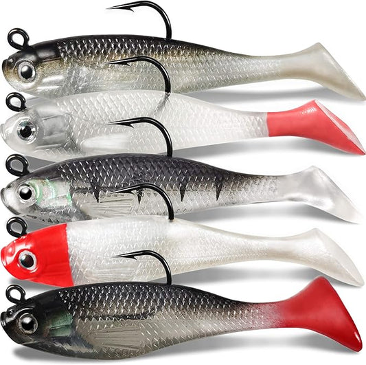 Soft Fishing Lures Shad Minnow Swimbaits, Pre-Rigged Jig Heads Paddle Tail Swim Baits for Bass, Trout, Walleye, Crappie, Sinking Jigs Bait for Saltwater Freshwater, Fishing Gifts for Men