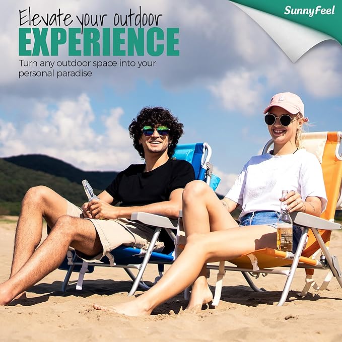 SUNNYFEEL Low Beach Chairs for Adults 5 Position Lay Flat, Portable Folding Backpack Beach Chair Heavy Duty with Cooler Bag, Cup Holder for Outdoor/Lawn/Picnic/Sand, Foldable Camping Chair