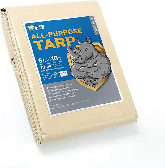 GUARD SHIELD Beige Tarp Heavy Duty Waterproof 8x10 Feet Outdoor Poly Tarps Cover Thick UV Resistant Canopy Tarpaulin with Grommets 10mil