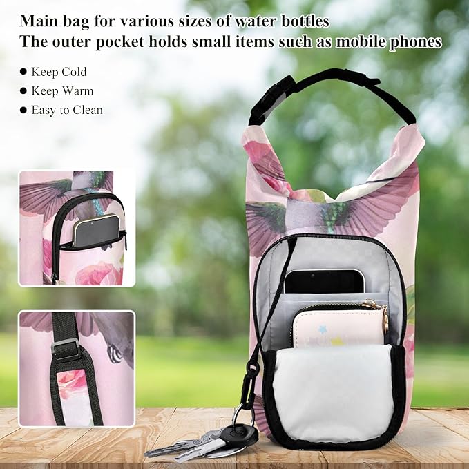 Pink Anna Hummingbird and Rose Water Bottle Holder with Strap Insulated Water Bottle Carrier Crossbody Bags Pouch with Phone Pocket for Travel Gym Hiking Walking Running