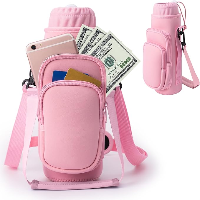 linmaya Water Bottle Carrier Bag, Insulated Water Bottle Bag Fits Stanley IceFlow Owala 16/24/32/40oz Tumbler, Water Bottle Holder with Shoulder Hand Straps, 2 Pockets for Travel, Hiking, Camping