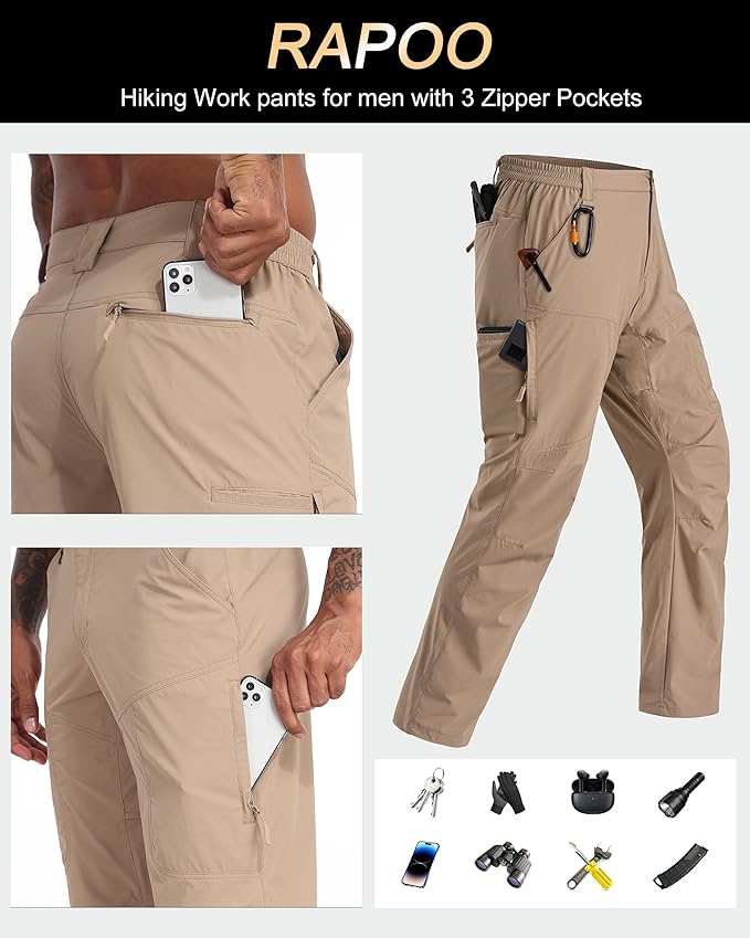 Rapoo Mens Hiking Pants Lightweight Water Resistant Breathable Nylon Cargo Pants with 6 Pockets