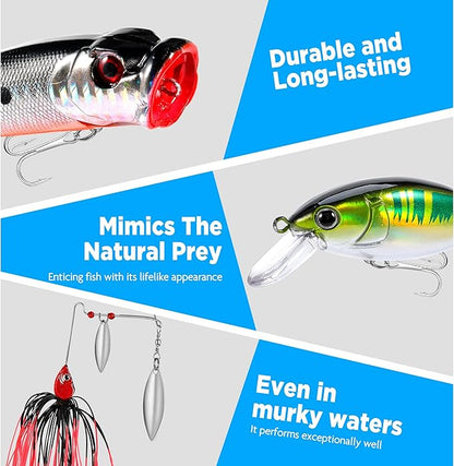 PLUSINNO Fishing Lures Fishing Tackle Box Fishing Gifts for Men, Bass, Trout Fishing Accessories Kit for Saltwater & Freshwater Fishing Gear Including Topwater Lures, Hooks, Spinnerbaits