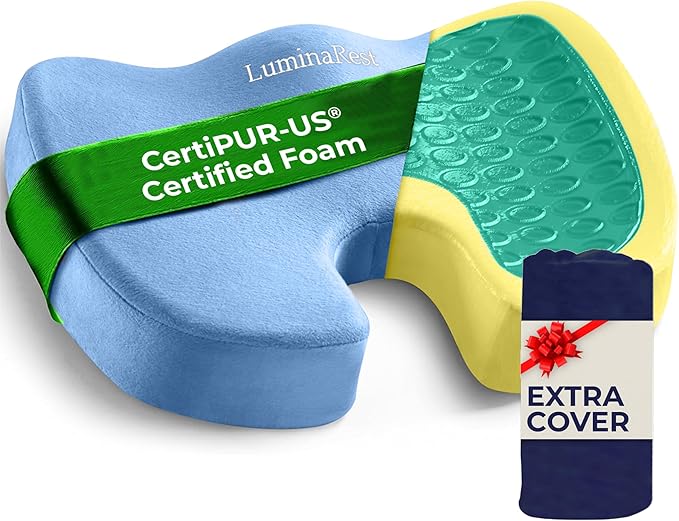 LuminaRest® Gel Seat Cushion for Tailbone Pain Relief – CertiPUR-US® Certified Memory Foam Office Chair Cushion, Car Seat Cushion for Sciatica & Back Support – Ergonomic U-Shaped Design (Blue)