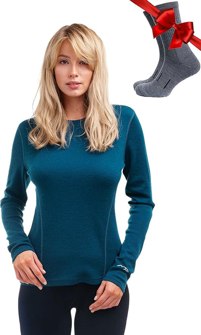 Merino.tech Merino Wool Base Layer Women - 100% Merino Wool Heavyweight, Midweight, Lite Long Sleeve Thermal Shirt and Socks