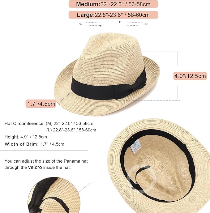 DRESHOW Women Straw Sun Hat Short Brim Panama Travel Fedora Beach Cap Roll up Summer Hat for Women Men UPF 50+