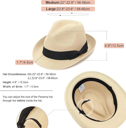 DRESHOW Women Straw Sun Hat Short Brim Panama Travel Fedora Beach Cap Roll up Summer Hat for Women Men UPF 50+