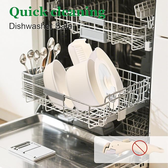 12 PCS Kitchen Cookware Set Aluminum non stick pan Removable & microwaveablewith, Induction Pot Pan Set for RV Cookware,Oven Safe, PFOA Free(White)