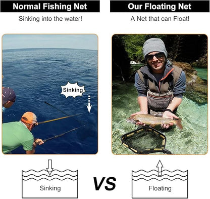 PLUSINNO Floating Fishing Net for Steelhead, Salmon, Fly, Kayak, Catfish, Bass, Trout Fishing, Rubber Coated Landing Net for Easy Catch & Release, Compact & Foldable for Easy Transportation & Storage