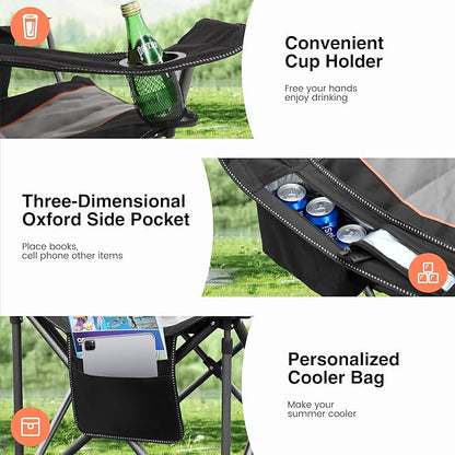 HIGH POINT SPORTS Oversized Portable Camping Folding Chair, Heavy Duty Foldable Outdoor Chair, Camp Chair with Cup Holder and Cooler Bag Support 450 LBS, Black…