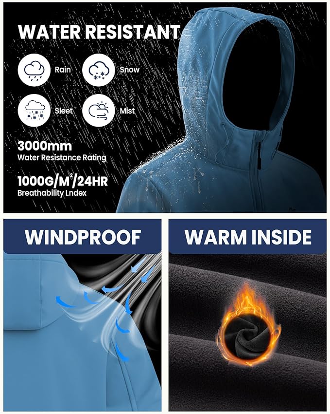WULFUL Men's Lightweight Softshell Jacket Warm Fleece Lined Windbreaker Waterproof Soft Shell for Outdoor Hiking