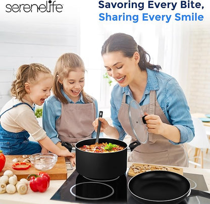 SereneLife Kitchenware Pots & Pans Basic Kitchen Cookware, Black Non-Stick Coating Inside, Heat Resistant Lacquer (11-Piece Set), One Size, Black