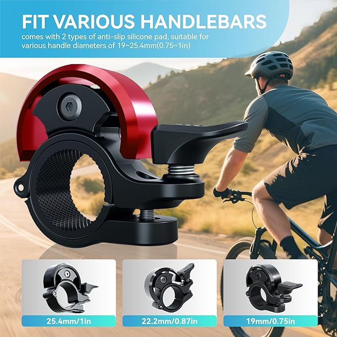 Greallthy Bike Bell, Aluminum Alloy Bicycle Bell with Clear Loud Sound, Bike Bells for Adults and Kids, Sturdy and Compact Bell Fits 0.75-1in(19-25.4mm) Handlebar for Mountain, Road Bikes.