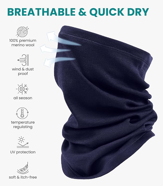 Merino.tech Merino Wool Ski Neck Gaiter - Face Mask Neck Warmer for Men & Women