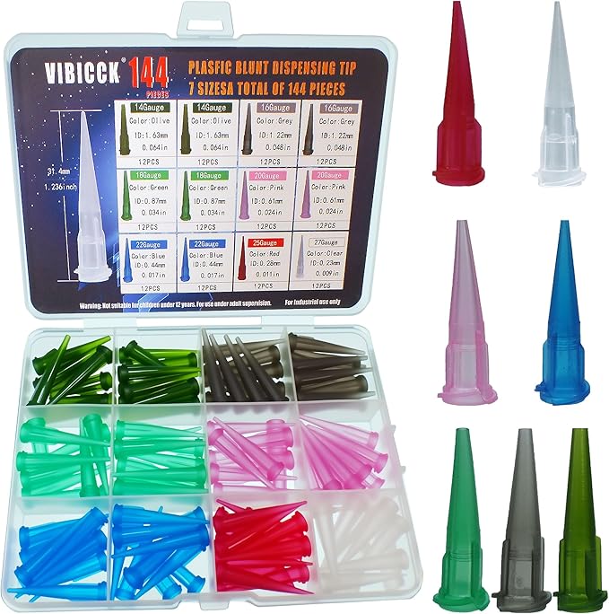 VIBICCK 7sizes, 144 blunt tip glue dispensing nozzles Blunt-nosed needle glue applicator, used for applying industrial liquids, adhesives, inks, perfumes,All-plastic