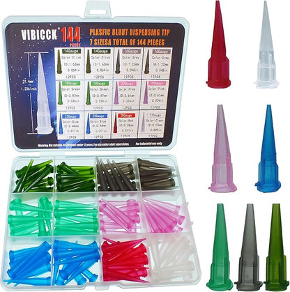 VIBICCK 7sizes, 144 blunt tip glue dispensing nozzles Blunt-nosed needle glue applicator, used for applying industrial liquids, adhesives, inks, perfumes,All-plastic