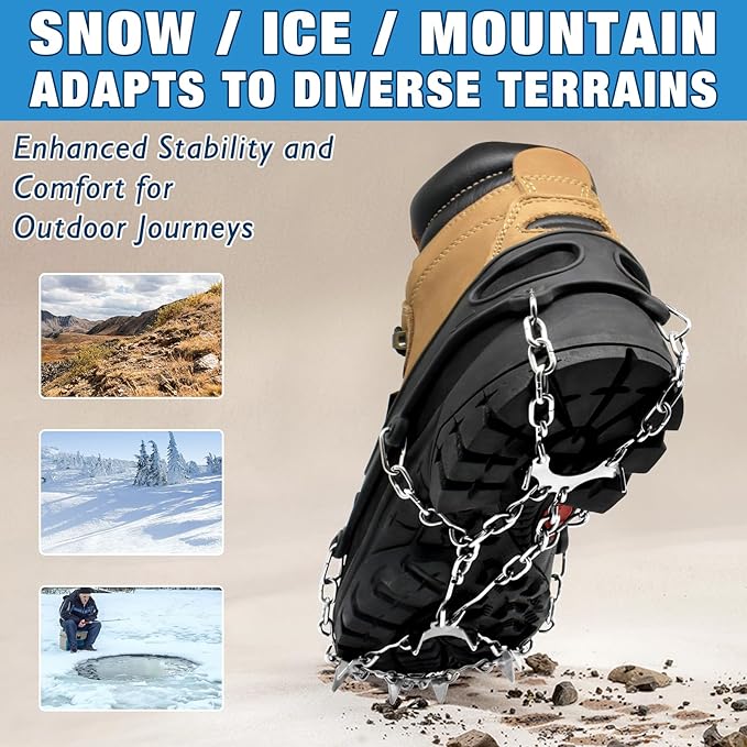 ZeeDix Crampons for Shoes, 10-Spike Stainless Steel Ice Cleats for Shoes and Boots, Slip-Resistant Shoe Spikes Traction Grips for Walking Hiking Jogging Fishing and Daily Outdoor Adventures