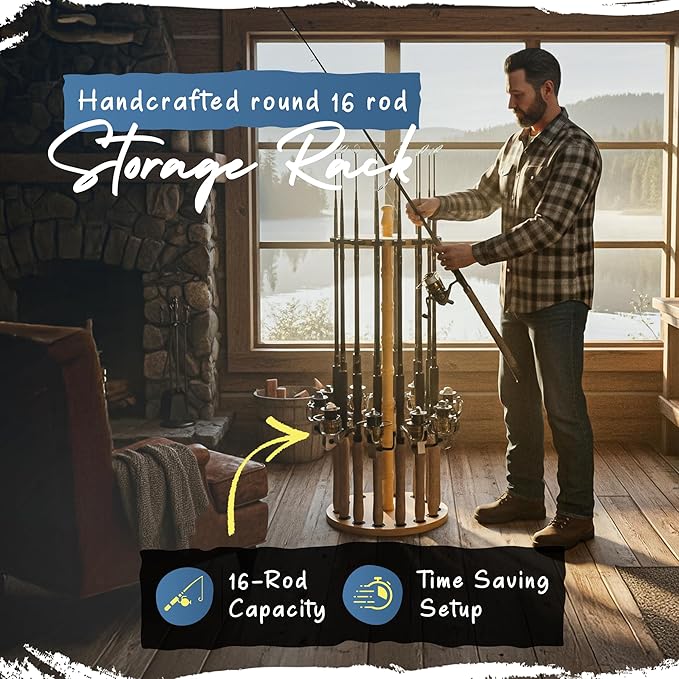 Rush Creek Creations Round 16 Fishing Rod Storage Rack - Features Traditional Handcrafted Wood Post - No Tool Assembly, Wood Grain Laminate