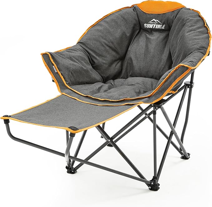 OUTDOOR LIVING SUNTIME Oversized Padded Comfy Camping Chair with Removable Footrest， Weight Capacity 400 LBS, Heavy Duty Moon Round Leisure Folding Chair for Camping, Hiking, Carry Bag, Orange