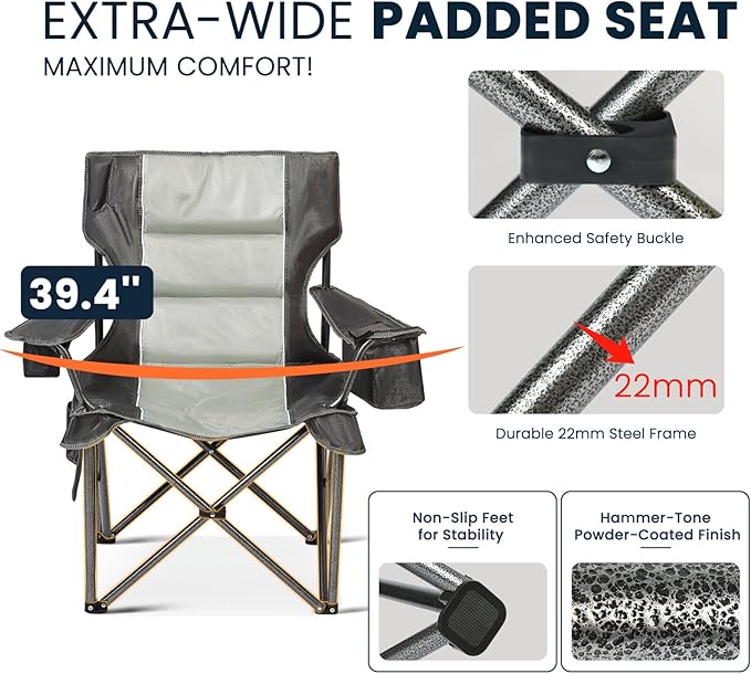 2 Pack Oversized Folding Camping Chair for Adults, Supports 500 LBS Camping Chairs, Outdoor Lawn Chairs for Adults, Portable Chairs for Camping, Beach, Fishing, Hiking, Gray