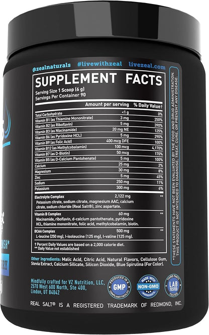 Zeal Electrolyte Powder - 90 Servings | Keto Electrolytes Powder | Zero Sugar, BCAAs, B-Vitamins | Potassium, Zinc, Magnesium | Hydration Powder Recovery Drink | Blue Raspberry