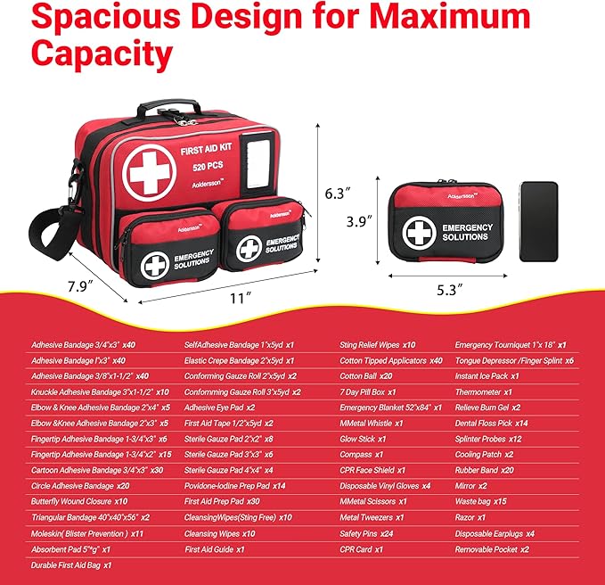 520 Piece Large First Aid Kit – Emergency Survival Kit for Car, Home, Camping, and Travel – Compact Medical Kit for Roadside Emergencies, Outdoor Adventures, and Everyday Safety