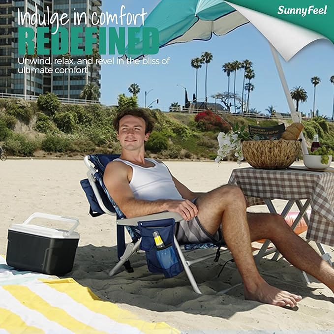 SUNNYFEEL Beach Chairs for Adults 2 Pack 5 Position Lay Flat, Portable Folding Backpack Beach Chair Heavy Duty with Cooler Bag, Cup Holder for Outdoor/Lawn/Picnic, Foldable Camping Chair