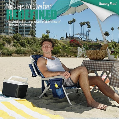 SUNNYFEEL Beach Chairs for Adults 2 Pack 5 Position Lay Flat, Portable Folding Backpack Beach Chair Heavy Duty with Cooler Bag, Cup Holder for Outdoor/Lawn/Picnic, Foldable Camping Chair