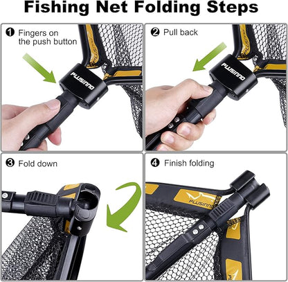 PLUSINNO Floating Fishing Net for Steelhead, Salmon, Fly, Kayak, Catfish, Bass, Trout Fishing, Rubber Coated Landing Net for Easy Catch & Release, Compact & Foldable for Easy Transportation & Storage