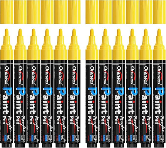 Overseas Yellow Paint Pens Paint Markers - Permanent Acrylic Markers 12 Pack, Water-Based, Quick Dry, Waterproof Marker Pen for Rock, Wood, Plastic, Metal, Canvas, Glass, Mugs. Medium Tip