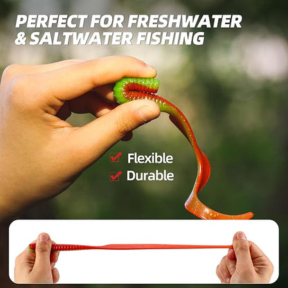 Curly Style Tail Worms Fishing Lures – Realistic Wavy Tail Soft Bait Grub Swimbaits for Saltwater & Freshwater Fishing, Available in 4 Inch & 6 Inch, Perfect for Bass, Trout, Crappie, & More